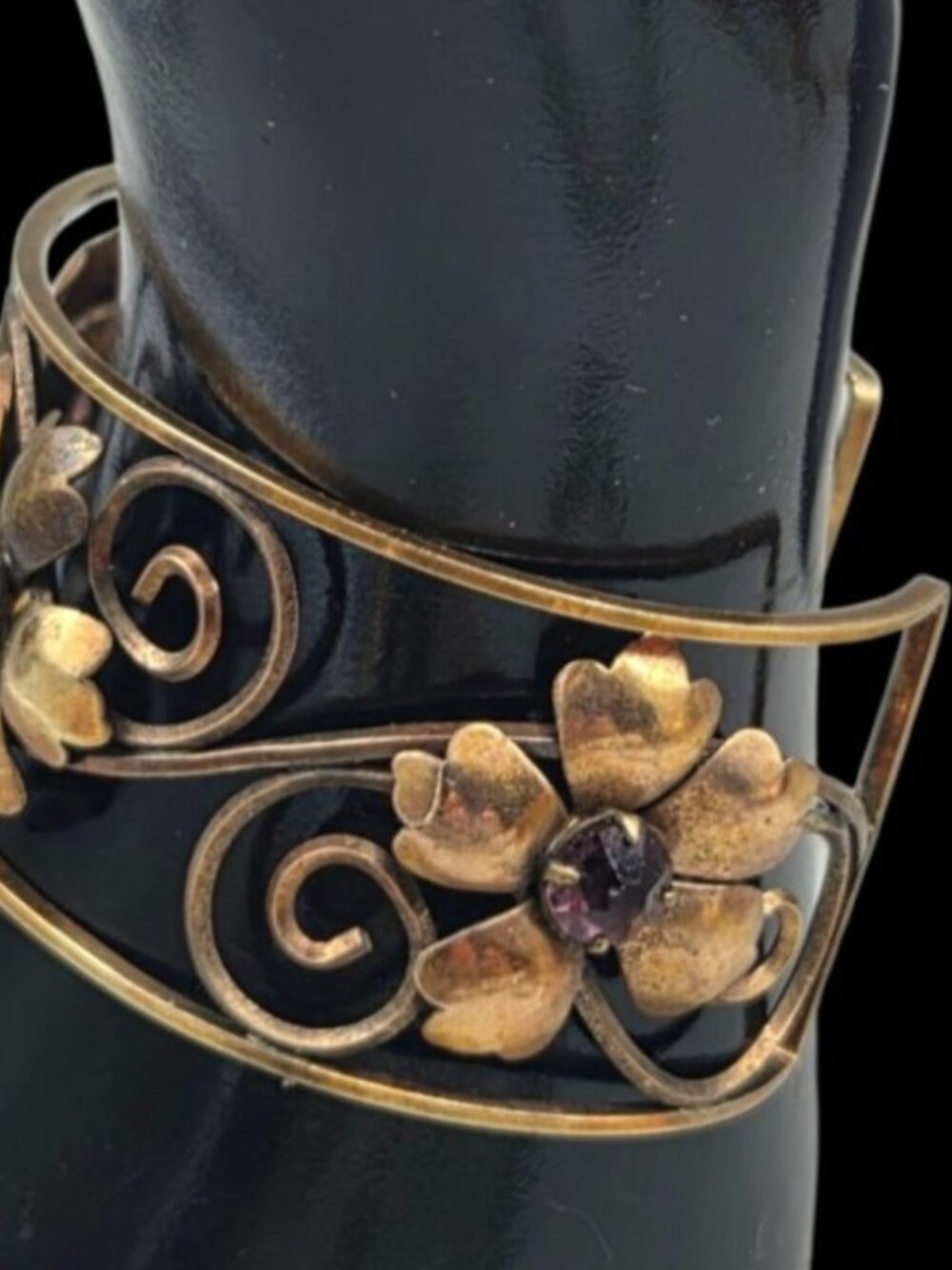 VTG Harper 1/20 12K Gold Filled Filigree Amethyst Flower Cuff Bracelet 6.5" - Picture 5 of 16